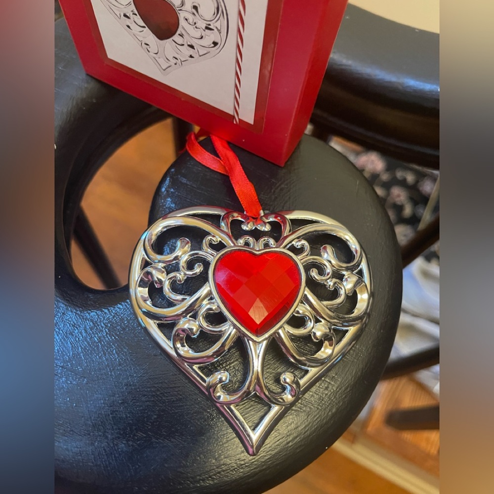 Lenox  Silverplated Bejeweled Heart Ornament 3-1/2" Long 856360 Red Ribbon NIB